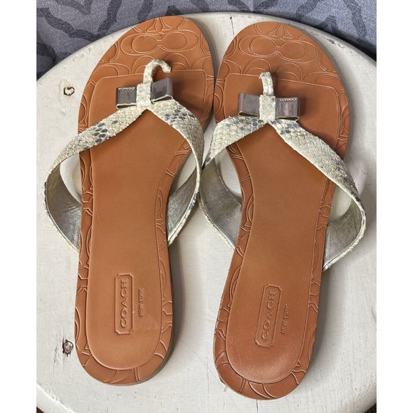 Coach Flip Flops Womens 9 B Sable Metallic Snake Skin Signature Sandal - Picture 4 of 8